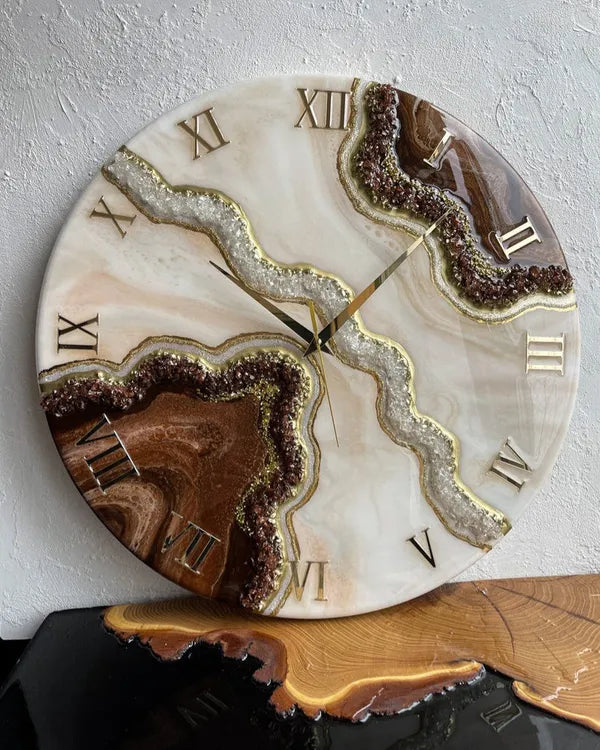 Brown And Cream Resin Wall Clock With Stones