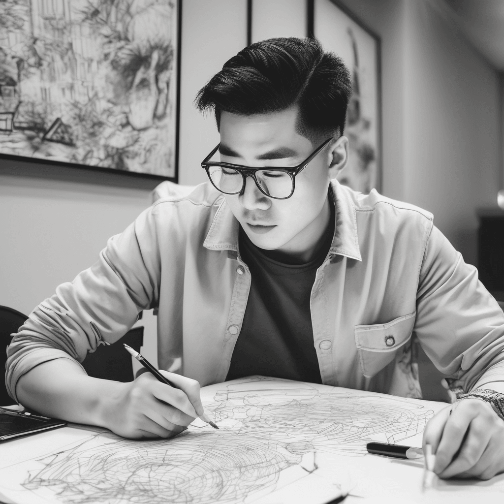 Image for An image of Liam Chen sketching design ideas at a 