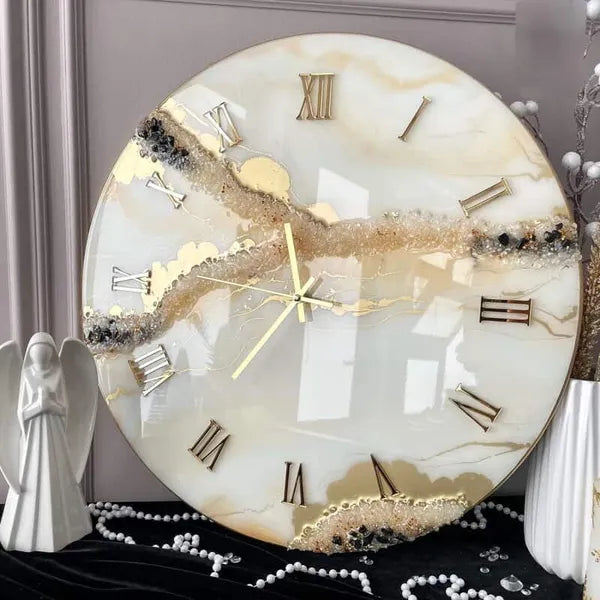 Almond White And Golden Resin Wall Clock