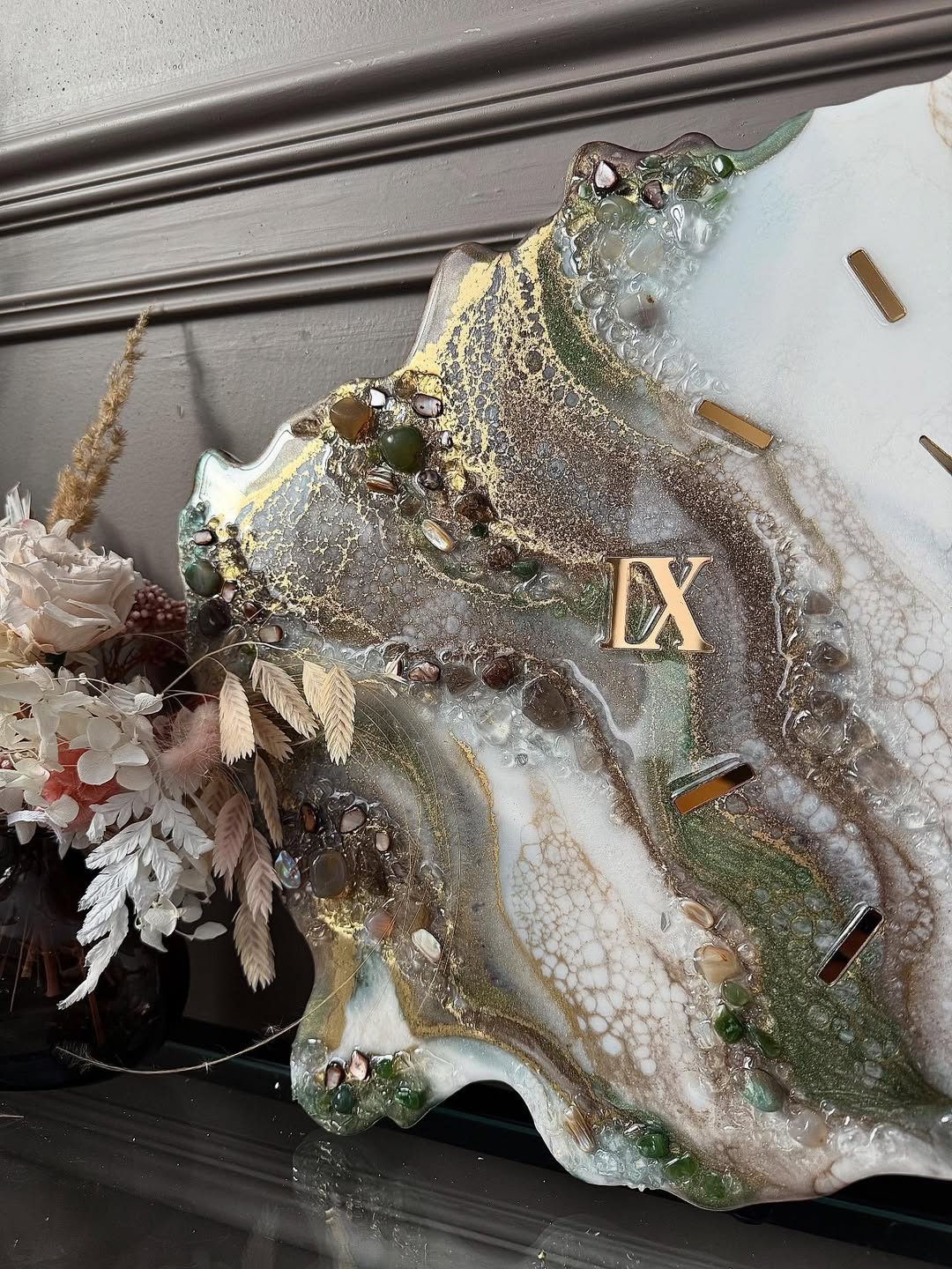 Green Gold Ivory Brown Emerald Geode Elegance Resin Wall Clock - view 5