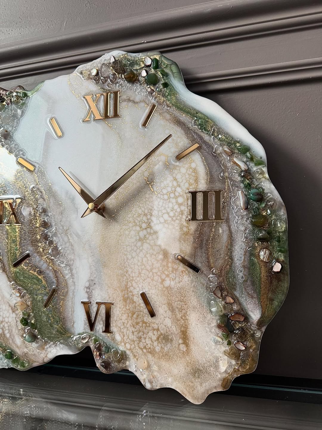 Green Gold Ivory Brown Emerald Geode Elegance Resin Wall Clock - view 4