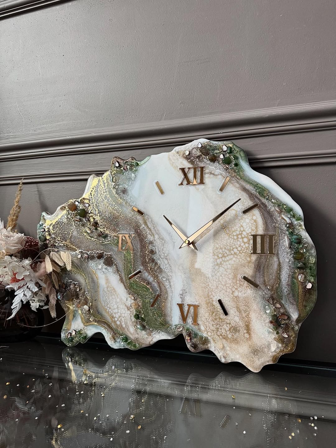 Green Gold Ivory Brown Emerald Geode Elegance Resin Wall Clock