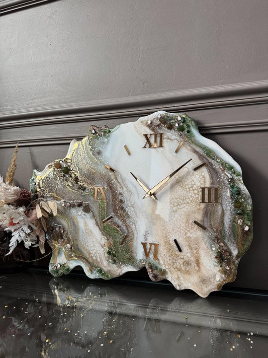 Green Gold Ivory Brown Emerald Geode Elegance Resin Wall Clock