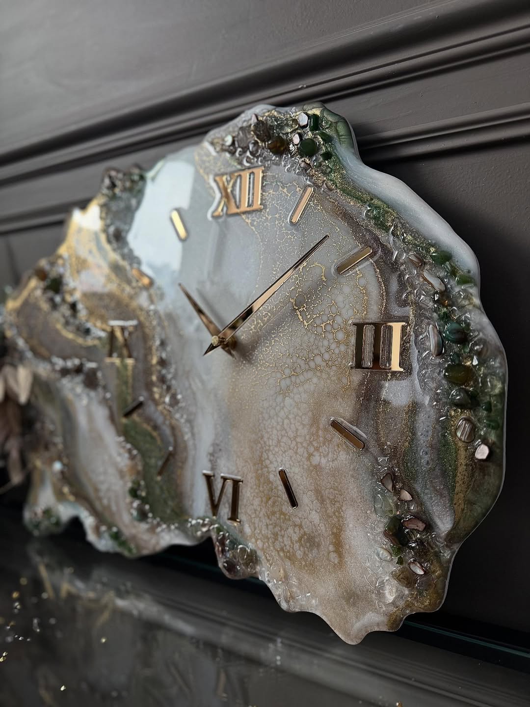 Green Gold Ivory Brown Emerald Geode Elegance Resin Wall Clock - view 2