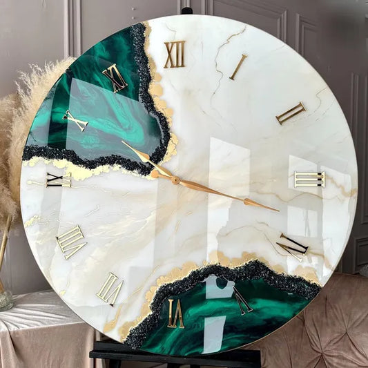 Marble Green And Golden Resin Wall Clock With Stones